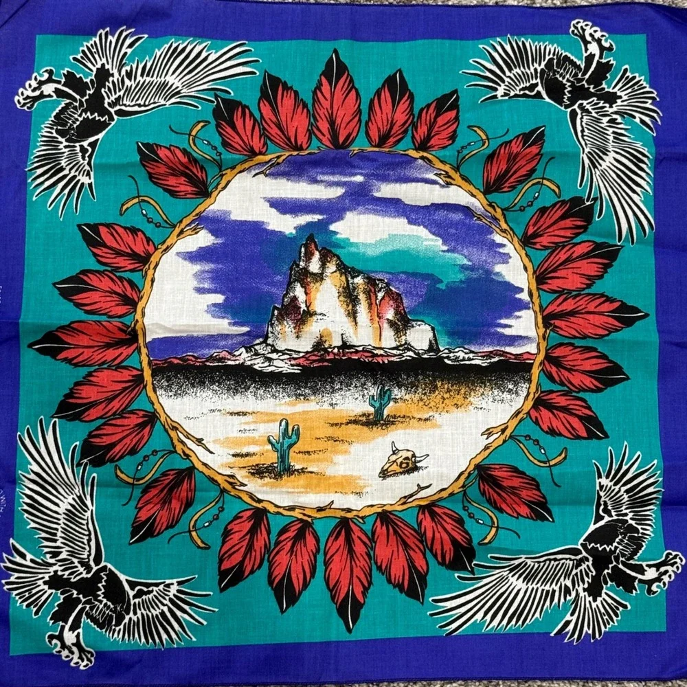 Vintage 90s Southwest Bandana Biker Eagle Desert Mountain Made in USA Blue Aztec